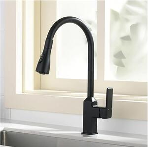 Baterie chiuveta bucatarie cu dus extractibil, monocomanda, pipa inalta, 360 , alama, negru mat Leomix 41017