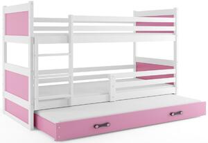 Pat supraetajat FIONA 3 COLOR + saltea + somieră GRATIS, 90x200 cm, alb, roz