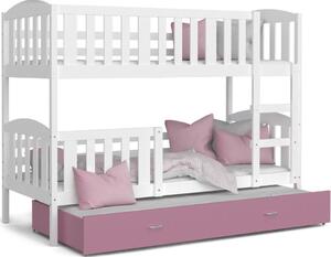 Pat supraetajat copii cu pat suplimentar KUBA 3 COLOR + saltea + somieră GRATIS, 190x80, alb/roz