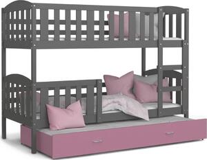 Pat supraetajat copii cu pat suplimentar KUBA 3 COLOR + saltea + somieră GRATIS, 190x80, gri/roz