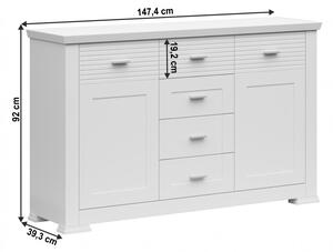 Comodă cu 4 sertare și 2 dulapuri, albă, 148x40x92 cm - TP303523