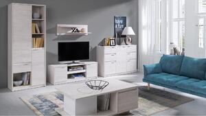 Mobilă sufragerie KOLOREDO 1 - raft + comodă TV RTV2D + comodă comb. + masă cafea + raft, stejar alb/alb luciu