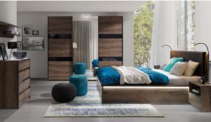 Set dormitor KOLOREDO 1 - pat + somieră 160x200 + 2x noptiere + comoda cu sertare + dulap 250 + raft, stejar Monastery/negru luciu