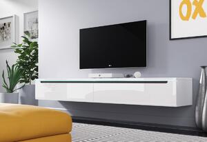 Comodă TV MENDES DES I 180, 180x24x33, alb/alb luciu, cu iluminare LED