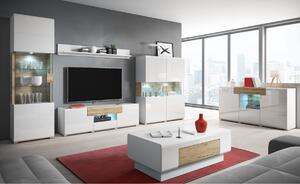 Comoda TV SALAMANKA WM XL (40), 208x47x39, alb/alb luciu/stejar san remo + LED