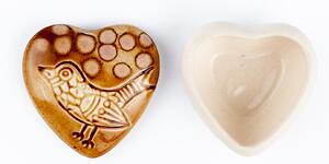 Cutiuta bijuterii din ceramica, inima maro, detaliu pasare