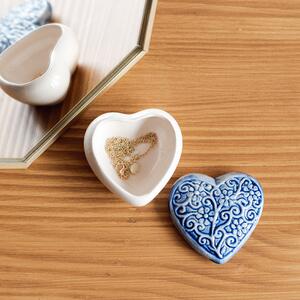 Cutiuta bijuterii din ceramica, inima albastra, detalii florale