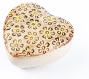 Cutiuta bijuterii din ceramica, inima crem, detalii florale