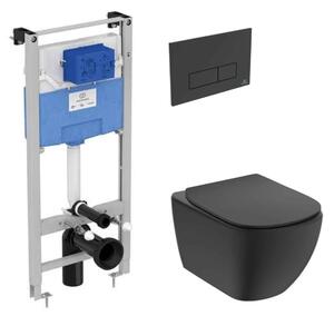 Set complet vas WC suspendat Ideal Standard Tesi, cu spalare Aquablade, negru mat rezervor si clapeta neagra
