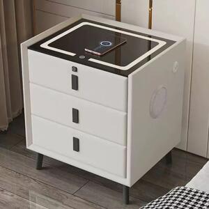 RESIGILAT- Noptieră inteligentă multifuncțională, 3 sertare, blocare cu amprentă, LED-uri tactile, 3 tipuri de culoare, încărcare fără fir, Difuzor Bluetooth, incarcare USB, sticla securizata, Alb