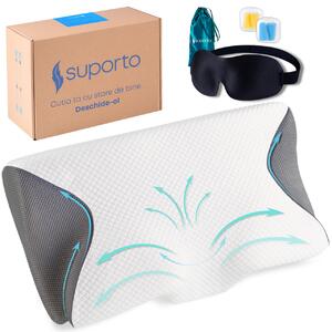 Set Perna Ortopedica Cervicala pentru dormit cu Extensii Gri + Masca de dormit Suporto 3D cu saculet Verde Smarald, Ideale pentru ochi obositi si un somn odihnitor