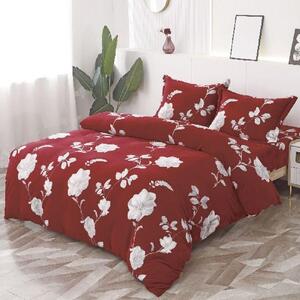 Lenjerie de pat, Cocolino, 2 persoane, 4 piese, cu elastic, roșu , cu flori albe, CC487