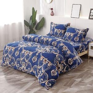 Lenjerie de pat, Cocolino, 2 persoane, 4 piese, cu elastic, albastru , cu model auriu, CC485