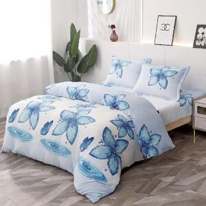 Lenjerie de pat, Cocolino, 2 persoane, 4 piese, cu elastic, alb, cu flori albastre, CC484