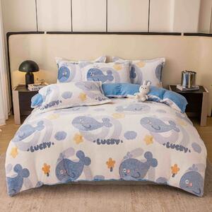 Lenjerie de pat, Cocolino, 2 persoane, 4 piese, cu elastic, alb si albastru, cu balene, CC4001