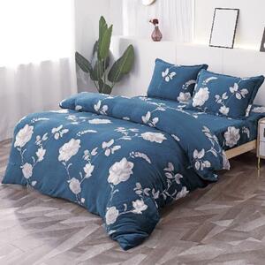 Lenjerie de pat, Cocolino, 2 persoane, 4 piese, cu elastic, albastru, cu flori albe, CC483