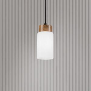 Lamkur Lampă suspendată Markus, sticlă opală/lemn de stejar, Ø 9,5 cm, E27, reglabil, Alb, Camera de zi / sufragerie, Sticlă, Scandinavă