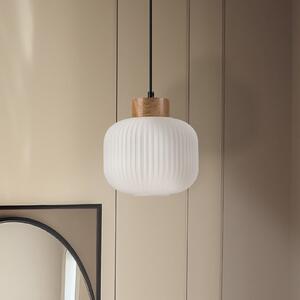 Lamkur Lampă suspendată Harmony, Ø 20 cm, sticlă opală, lemn de stejar, E27, reglabil, Alb, Camera de zi / sufragerie, Sticlă, Scandinavă