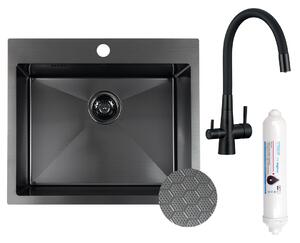 Laveo Malawi, chiuvetă din oțel inoxidabil cu 1 compartiment 580x500x200 mm cu baterie de bucătărie și racord pentru filtru de apă, neagră, LAV-SLMA7…