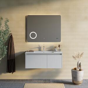 Mobilier Baie Suspendat, 100cm, Alb Mat, Oglindă Touch Led și Ceas Digital | Monaco