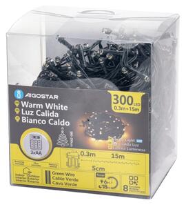 Aigostar - Ghirlandă LED pentru exterior, 300 LED, 8 funcții, 3xAA, 15,3 m, IP44, alb cald