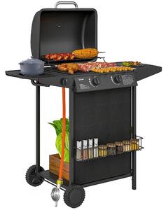 Outsunny Grătar pe Gaz cu Capac, Termometru, Măsuță Laterală și Tavă pentru Colectarea Grăsimii, 107x54x96 cm, Negru | Aosom Romania