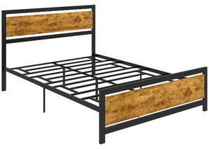 HOMCOM Cadru de Pat Single din Lemn și Oțel 140x200cm, Sipci, Tetieră Stil Industrial, Negru/Maro Rustic | Aosom Romania