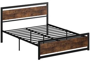 HOMCOM Cadru Pat Matrimonial din Lemn si Otel 160x200cm, Sipci Integrate si Tetiera in Stil Industrial, Negru Maro Rustic