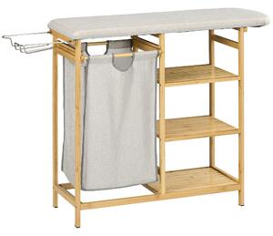 HOMCOM Coș de Rufe din Bambus cu Masă de Călcat și Suport de Călcat, Coș de Rufe cu Raft cu 3 Niveluri, 113x34x82 cm, Gri