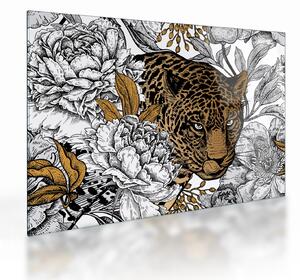 Tablou pe sticlă - Leopard între flori (70x50 cm)
