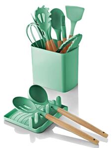 Set 11 ustensile cu suport si cutie C-SLC1301, verde/stejar, plastic/l