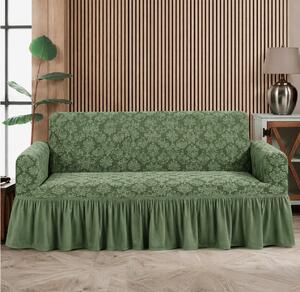 Husa elastica pentru canapea 3 locuri, cu volanas, model Jacquard, Verde