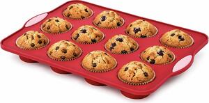 Forma de silicon Pufo Muffin cu 12 cavitati pentru preparare muffin, prajituri, torturi, roz