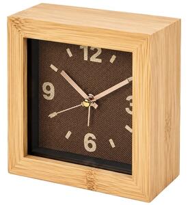 Ceas de masa desteptator patrat Pufo Bamboo 10 cm, maro, design elegant pentru dormitor sau birou