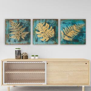 Pictură decorativă pânză Frunze, Albastru - Aur, 30x3x90 cm, 3 bucăți