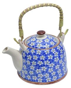 Ceainic Ceramic cu maner din bambus, Flowers Blue, 800 ml