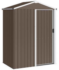 Outsunny Magazie de Grădină 1.1m² din Oțel Galvanizat, Capannă de Grădină cu Ușă Glisantă Blocabilă, Acoperiș Înclinat, Mănuși, Magazie pentru Unelte, 136x87x179 cm, Maro | Aosom Romania