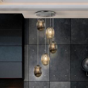 Schuller Valencia Lampă suspendată Ovila, 5 becuri, gri fumuriu/cognac, metal, sticlă, reglabil, Gri, Camera de zi / sufragerie, Sticlă