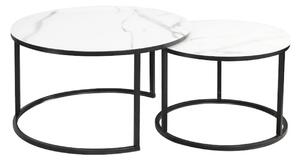 Set 2 masute cafea ATLANTA C, alb cu efect de marmura/negru, sticla/me