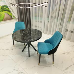 Set masa Hamburg Black Marble cu 2 scaune Modena turcoaz, DENVER, picioare metalice negre, forma rotunda, 90x73 cm