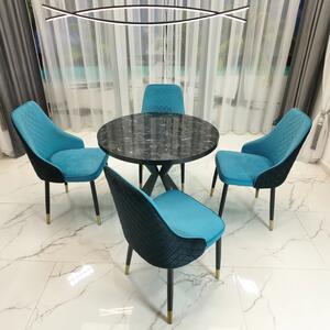 Set masa Hamburg Black Marble cu 4 scaune Modena turcoaz, DENVER, picioare metalice negre, forma rotunda, 90x73 cm