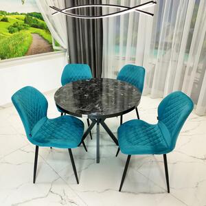 Set masa Hamburg Black Marble cu 4 scaune Goteborg turcoaz, DENVER, picioare metalice negre, forma rotunda, 90x73 cm
