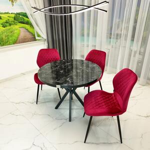 Set masa Hamburg Black Marble cu 3 scaune Goteborg bordo, DENVER, picioare metalice negre, forma rotunda, 90x73 cm
