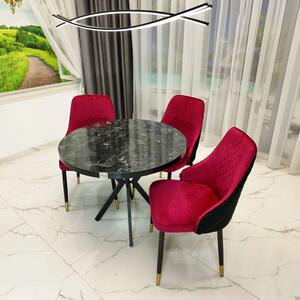 Set masa Hamburg Black Marble cu 3 scaune Modena bordo, DENVER, picioare metalice negre, forma rotunda, 90x73 cm