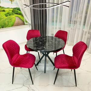 Set masa Hamburg Black Marble cu 4 scaune Goteborg bordo, DENVER, picioare metalice negre, forma rotunda, 90x73 cm