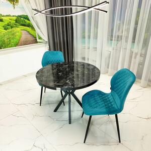 Set masa Hamburg Black Marble cu 2 scaune Goteborg turcoaz, DENVER, picioare metalice negre, forma rotunda, 90x73 cm