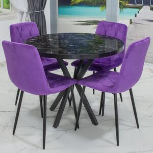 Set masa Hamburg Black Marble cu 4 scaune Kobe mov, DENVER, picioare metalice negre, forma rotunda, 90x73 cm
