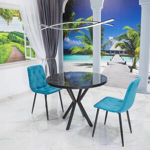 Set masa Hamburg Black Marble cu 2 scaune Kobe turcoaz, DENVER, picioare metalice negre, forma rotunda, 90x73 cm