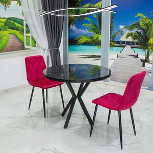 Set masa Hamburg Black Marble cu 2 scaune Kobe bordo, DENVER, picioare metalice negre, forma rotunda, 90x73 cm