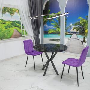 Set masa Hamburg Black Marble cu 2 scaune Kobe mov, DENVER, picioare metalice negre, forma rotunda, 90x73 cm